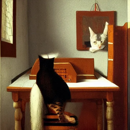 Prompt: cat on keyboard tragedy in the style of johannas vermeer