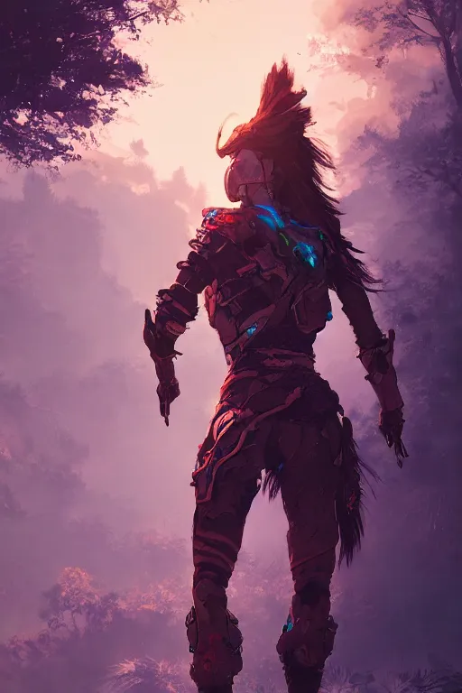 Image similar to combination suit armor aloy horizon forbidden west horizon zero dawn radiating a glowing aura global illumination ray tracing hdr fanart arstation by ian pesty and alena aenami artworks in 4 k tribal robot ninja mask helmet backpack