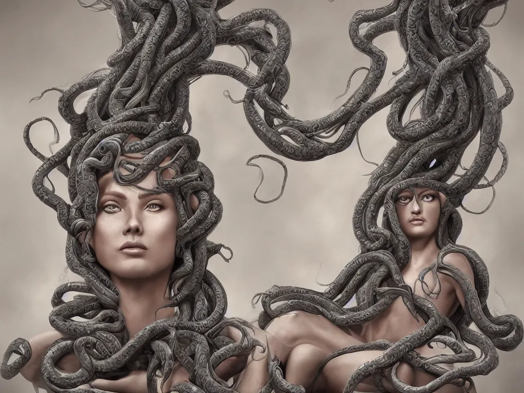 Prompt: A wide shot of Medusa in the chair at a hair salon. The stylist has already been turned to stone. Highly detailed, 8k, digital art, trending on artstation