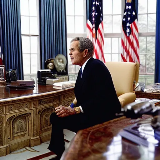 Image similar to an alien, president bush, talking, in oval office, realistic