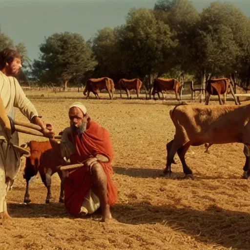 Prompt: cinematic still of farmer in ancient canaanite clothing working with oxen in the field, directed by steven spielberg