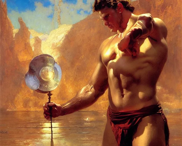 Prompt: muscular magician man, casting water magic. highly detailed glossy matte oil painting by gaston bussiere, craig mullins, j. c. leyendecker, tom of finland