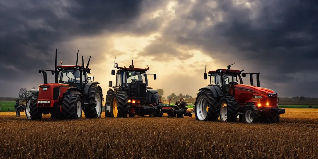 Prompt: a beautiful commercial photograph of dutch farmers in their tractors protesting on the highway, dramatic lighting, octane render, 4 k, hdr