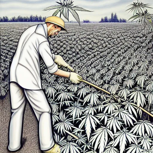 Image similar to alex gray painting of a man harvesting a cannabis plant