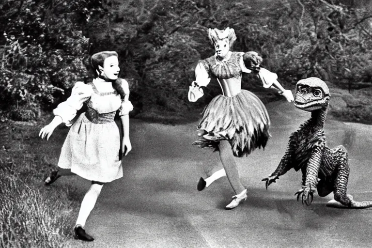 Prompt: Dorothy from the wizard of oz being chased down the yellow brick road by a velociraptor