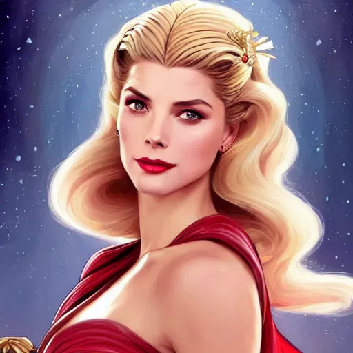 Image similar to A combination of Grace Kelly's and Katheryn Winnick's and Ashley Greene's faces as She-Ra, western, D&D, fantasy, intricate, elegant, highly detailed, digital painting, artstation, concept art, matte, sharp focus, illustration, art by Artgerm and Greg Rutkowski and Alphonse Mucha