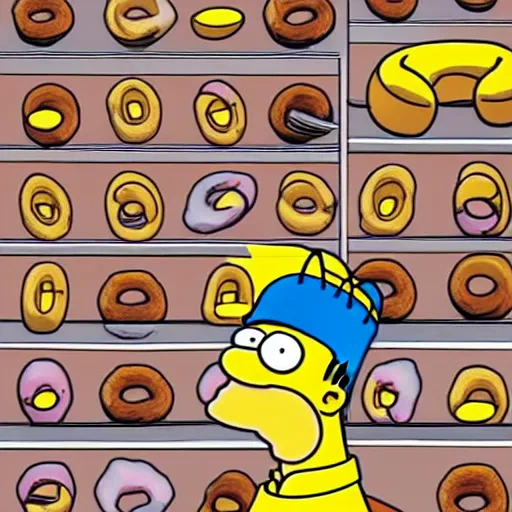 Prompt: homer simpson drooling at the sight of a donut mountain