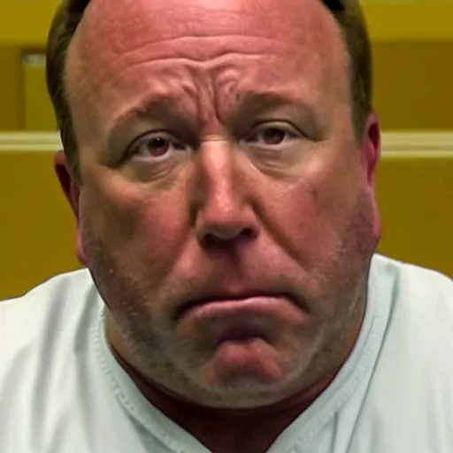 Prompt: alex jones in prison looking sad