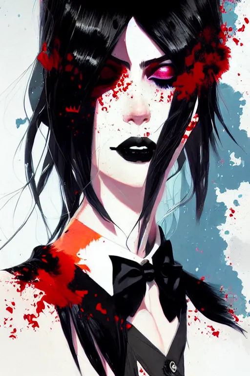 Image similar to a ultradetailed beautiful painting of a stylish goth girl wearing a tie, by conrad roset, greg rutkowski and makoto shinkai trending on artstation