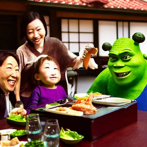 Image similar to photo of a japanese family having dinner with shrek