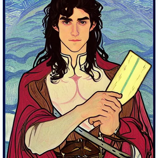 Image similar to portrait painting of young handsome beautiful paladin elf!! man with long! wavy dark hair and blue eyes in his 2 0 s named taehyung minjun james, pale, wearing armor!, gorgeous hair, elf ears, icy eyes, elegant, cute, delicate, soft facial features, art by alphonse mucha, vincent van gogh, egon schiele,