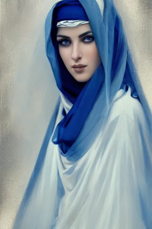 Image similar to modern arab Ameera al-Taweel, bright blue eyes, long wavy black hair, white veil, closeup, focus face, elegant, highly detailed, centered, oil painting, artstation, concept art by tom bagshaw