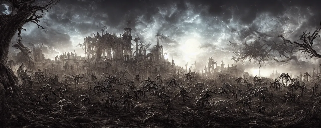 Image similar to hordes of skeletons battling with scifi weapons, at a ruined palace at night, beautiful clouds and trees, moonlight, cinematic lighting, cineovision