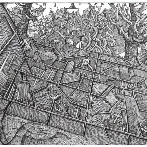 Prompt: a non - euclidean city by the river with a forest, detailed drawing by m. c. escher