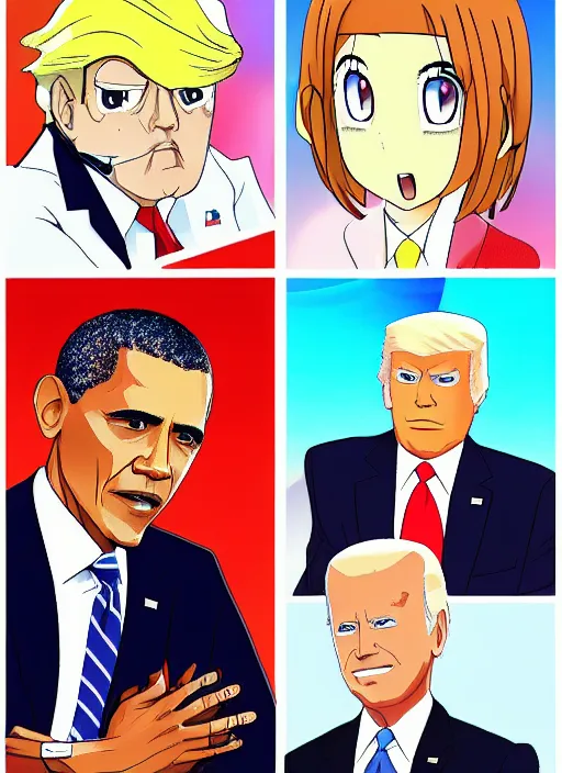 Image similar to : president obama trump and biden as anime cartoon character design pokemon