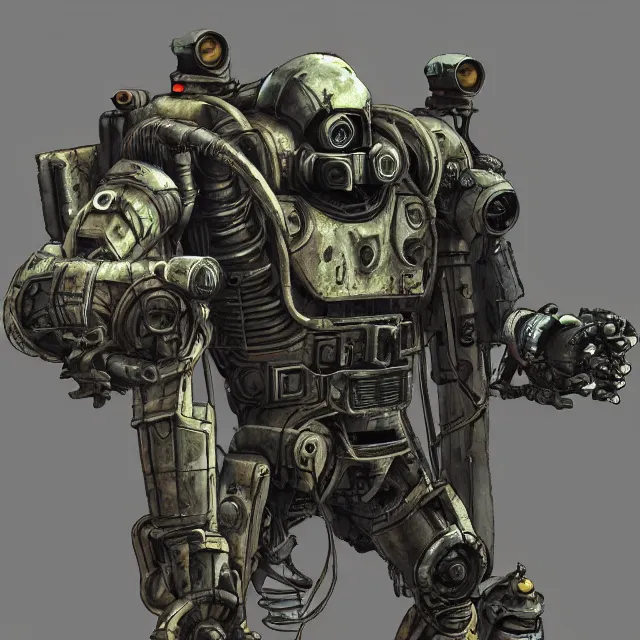 Image similar to a mech in the style of fallout in the style of mad max in the style of metro : 2 0 3 3 hyper detailed photorealistic hd 8 k post - processing high resolution