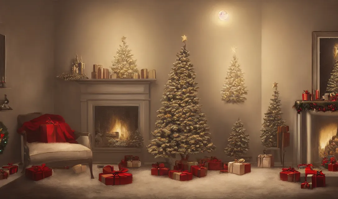 Image similar to a christmas eve photorealistic painting on the wall, home, interior, octane render, deviantart, greg rutkowski, cinematic, key art, hyperrealism, canon eos c 3 0 0, ƒ 1. 8, 3 5 mm, 8 k, medium - format print