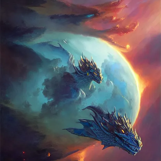 Prompt: Gigantic blue scaled dragon devouring an earth like planet while flying in space, sun system, behemoth, humanoid, nebula, oil painting, by Fernanda Suarez and Edgar Maxence and Greg Rutkowski