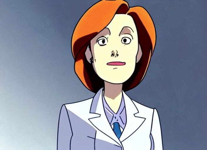 Image similar to an animation still of dana scully, in the style of studio ghibli, netflix animation, toei animation, filmation animation, traditional animation, sharp detail, animation cel, 2 - level shading