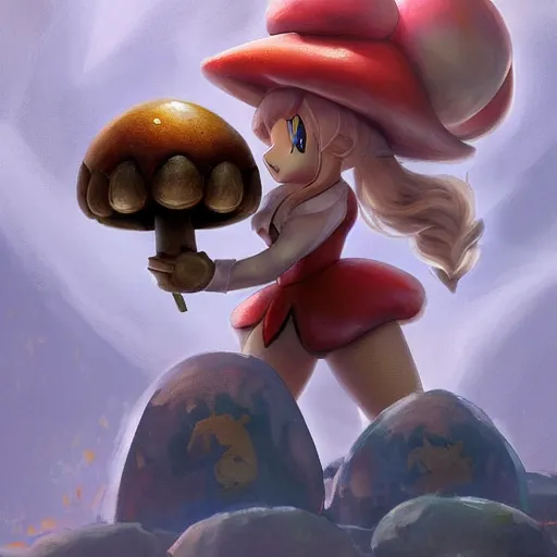 Prompt: princess peach holding a Mario mushroom made of earth and molten metal with heavy knight armor in the style of anime by Peter Mohrbacher, anime trending on artstation, HD, 4k,