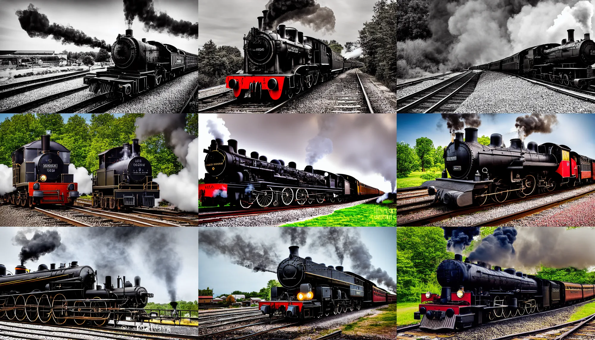 Prompt: restored black steam locomotive travelling on train tracks, photograph, short exposure, motion blur