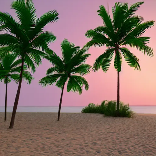 Prompt: palm trees on the beach, green and pink light, octane render, trending on artstation, artstationHD, artstationHQ, unreal engine, 4k, 8k