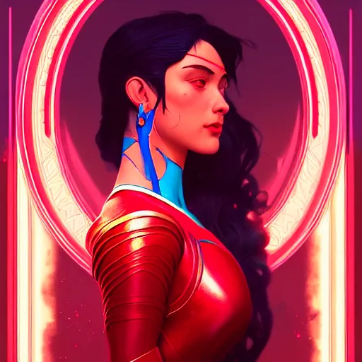 Image similar to anjanette abayari as darna, volumetric lights, red and cyan theme, art nouveau botanicals, intricate, highly detailed, digital painting, artstation, concept art, smooth, sharp focus, cinematic, illustration, beautiful face, art by artgerm and greg rutkowski and alphonse mucha