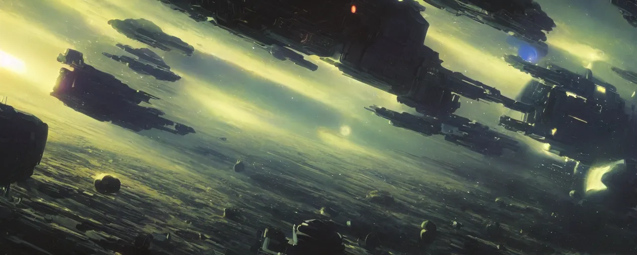 Image similar to cinematic render of atmospheric deep space, homeworld skies, volumetric lighting, john harris, john berkey