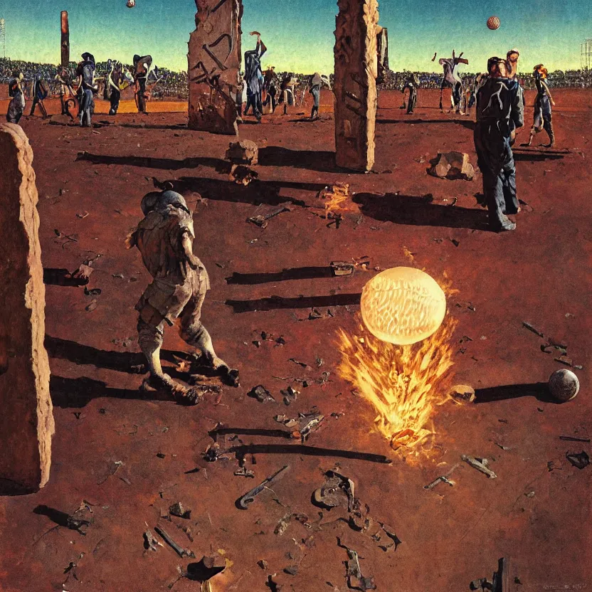 Image similar to a baseball field with ancient monoliths with glowing runes. highly detailed science fiction painting by norman rockwell and syd mead. rich colors, high contrast, gloomy atmosphere, dark background.