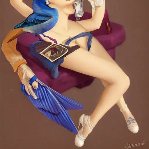 Image similar to anime pinup girl holding an indigo bunting, bird, the bird is wearing a bowtie, by greg rutkowski, rossdraws, gil elvgren, enoch bolles, anime, porcelain skin, very coherent