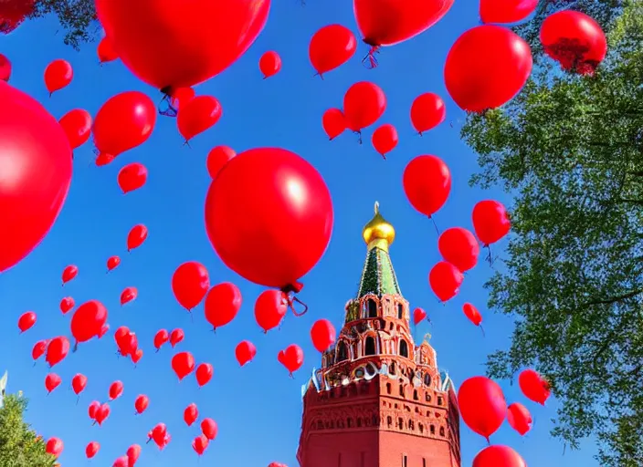 Prompt: 99 red balloons fly over the towers of the Moscow Kremlin, a big crowd looks upwards, sunny day, deep blue sky, award winning photo