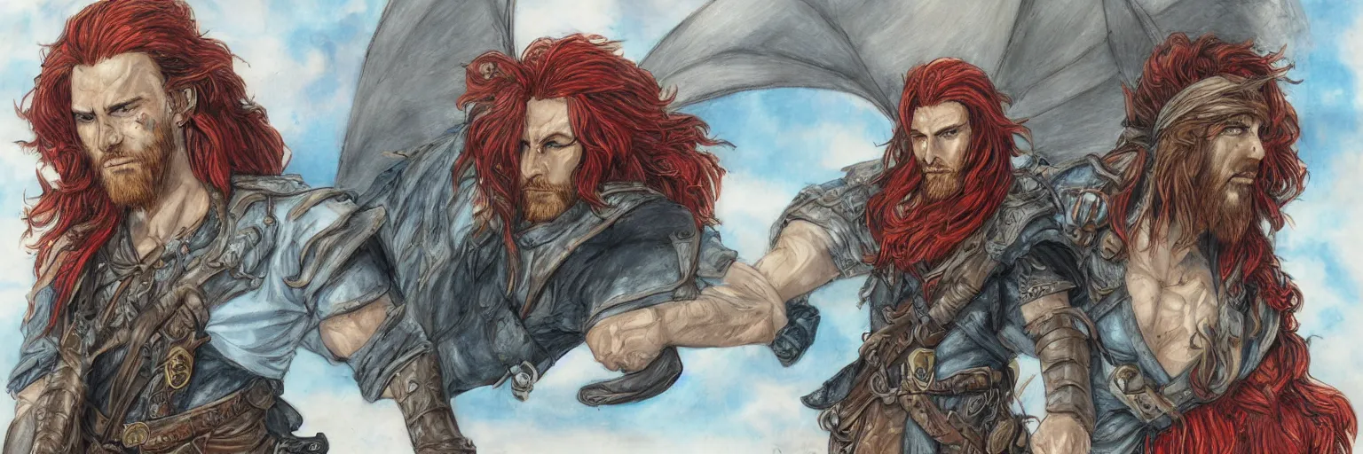 Prompt: colored pencils an epic fantasy comic book style portrait painting of a long haired, red headed male sky - pirate in front of an airship, character sheet, fine details, concept design, contrast, kim jung gi, pixar and da vinci, trending on artstation, 8 k, 3 6 0 head, turnaround, front view, back view, ultra wide angle