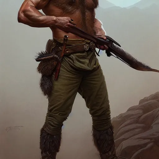 Image similar to portrait of a young rugged ranger with exposed muscular thighs, handsome, hairy torso, D&D, fantasy, intricate, elegant, highly detailed, digital painting, artstation, concept art, matte, sharp focus, illustration, art by Artgerm and Greg Rutkowski and Alphonse Mucha