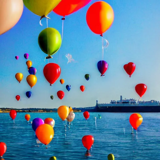 Prompt: photo of a lot of birthday balloons floating above a beautiful maritime port. sharp focus, highly - detailed, award - winning