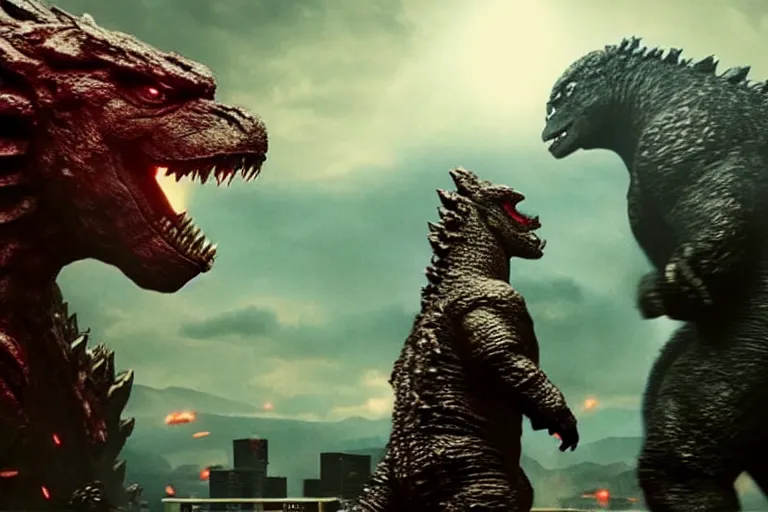 Image similar to two godzillas playing nintendo switch, cinematic, epic lighting, still shot from the new godzilla movie