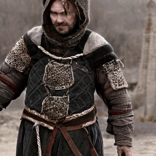 Image similar to A film still of a man wearing a dark grey quilted medieval gambeson with small metal plates woven in with tattered string and cable, also wearing a torn, worn scary made of many colors of layered linen. Full body Wide shot