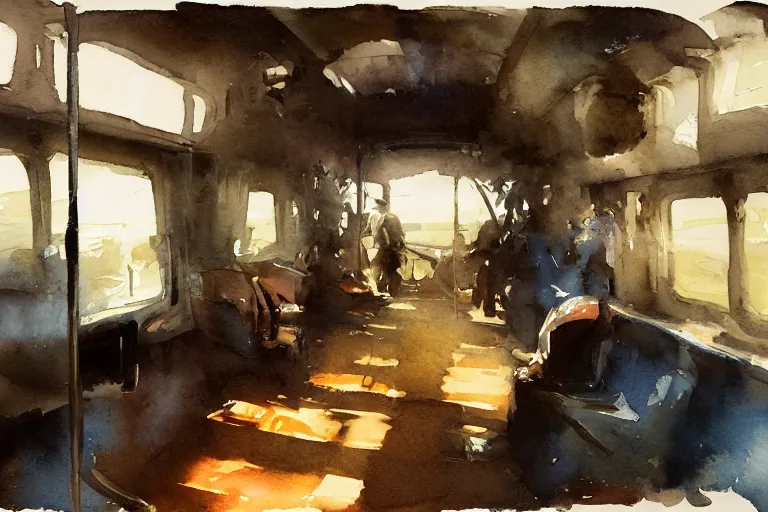 Image similar to small centered on watercolor paper, paint brush strokes, abstract watercolor painting of steam train interior, cinematic light, national romanticism by anders zorn, by hans dahl, by jesper ejsing, by greg rutkowski, by greg manchess, by tyler edlin, by craig mullins