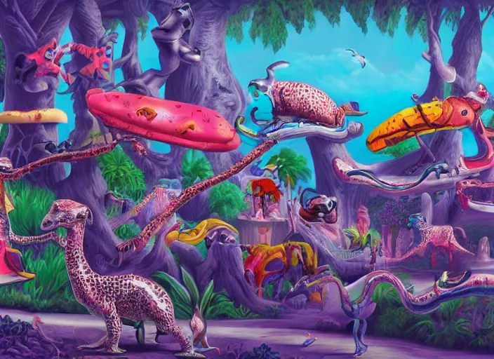 Image similar to 🦩🪐🐞👩🏻🦳, lowbrow, 8 k, matte painting, in the style of kenny scharf,