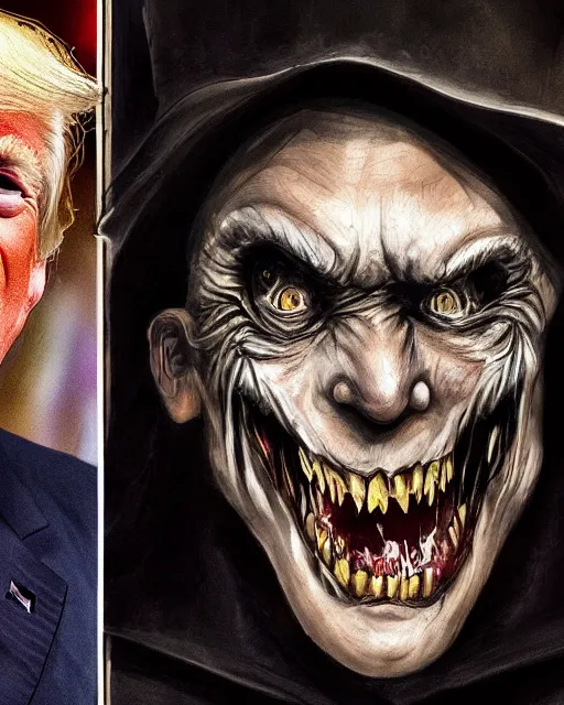 Image similar to donald trump as dracula with fangs out, character portrait, close up, concept art, intricate details, highly professionally detailed, hyperrealist, in the style of otto dix and h. r giger