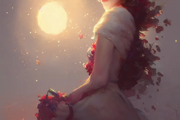 Image similar to a beautiful painting of in the silent, starlit nights, beautiful flower, girl, by greg rutkowski, trending on artstation