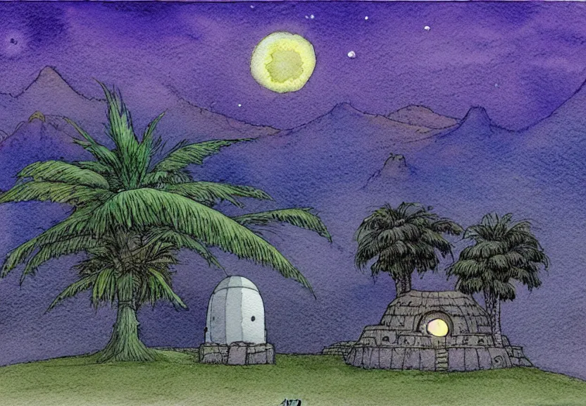 Prompt: a simple watercolor fantasy concept art of a dark grey boxy ufo next to a palm tree at night in machu pichu. by studio ghibli, rebecca guay, michael kaluta, charles vess