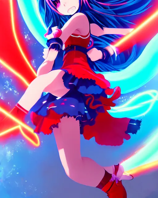 Image similar to anime style, vivid, expressive, full body, 4 k, painting, a cute magical girl idol with a long wavy hair wearing a dress fighting monsters, blue and red, balance, correct proportions, stunning, realistic light and shadow effects, neon lights, studio ghibly makoto shinkai yuji yamaguchi