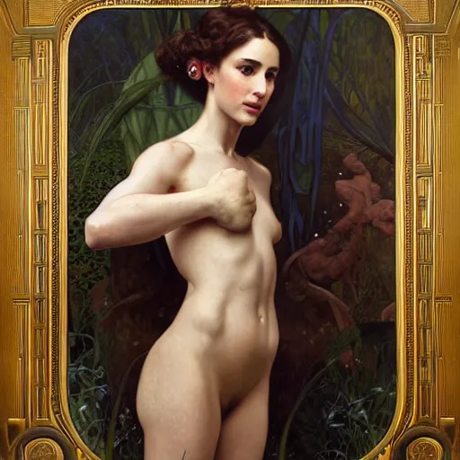 Image similar to Masterpiece painting of Nathalie portman as a Venus drawn by Donato Giancola and Tom Bagshaw, face by Artgerm and Edmund Leighton, Alphonse Mucha, background by James Jean and Gustav Klimt, 4k, partial robotic body, volumetric Lighting, porcelain skin, komorebi, french nouveau, trending on pixiv