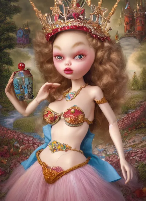 Image similar to highly detailed closeup, profile portrait of a tin toy fairytale princess wearing a crown, bikini, unreal engine, nicoletta ceccoli, mark ryden, earl norem, lostfish, global illumination, detailed and intricate environment
