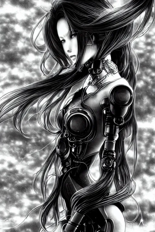 Image similar to a vertical portrait of a character in a scenic environment by Yoshitaka Amano, black and white, dreamy, cybernetic suit, wavy long black hair, highly detailed