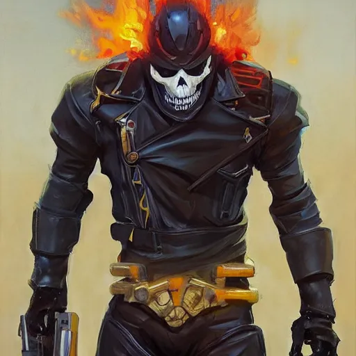 Prompt: greg manchess portrait painting of ghost rider as overwatch character, medium shot, asymmetrical, profile picture, organic painting, sunny day, matte painting, bold shapes, hard edges, street art, trending on artstation, by huang guangjian and gil elvgren and sachin teng