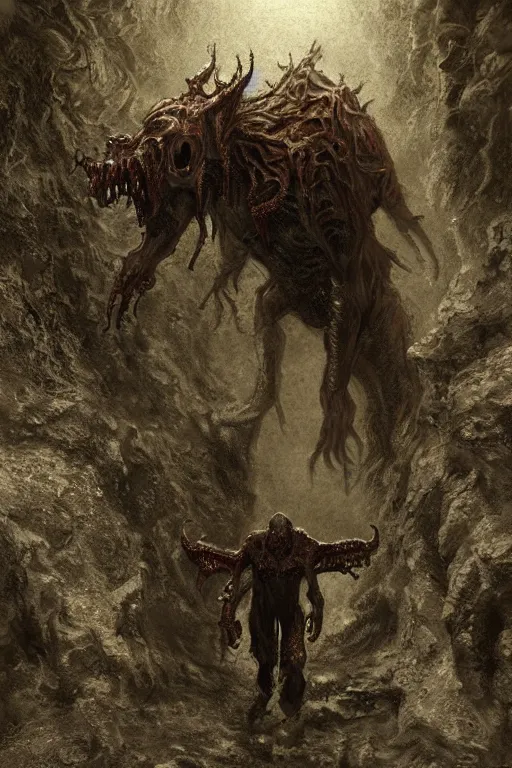 Prompt: matte painting of a human explorer mutated horror beast wandering the dark corridors of a wet underground dungeon in lovecraft style