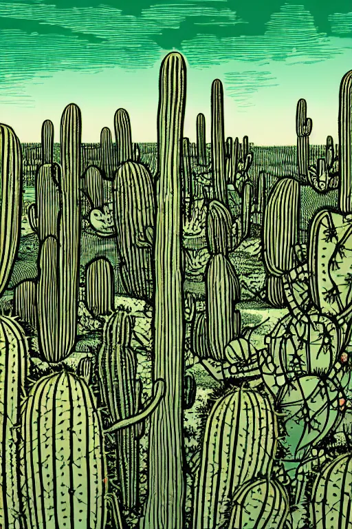 Prompt: by brian reedy, a beautiful linocut print of a field of cacti, 8 k, frostbite 3 engine, cryengine, dof, trending on artstation, digital art, crepuscular ray