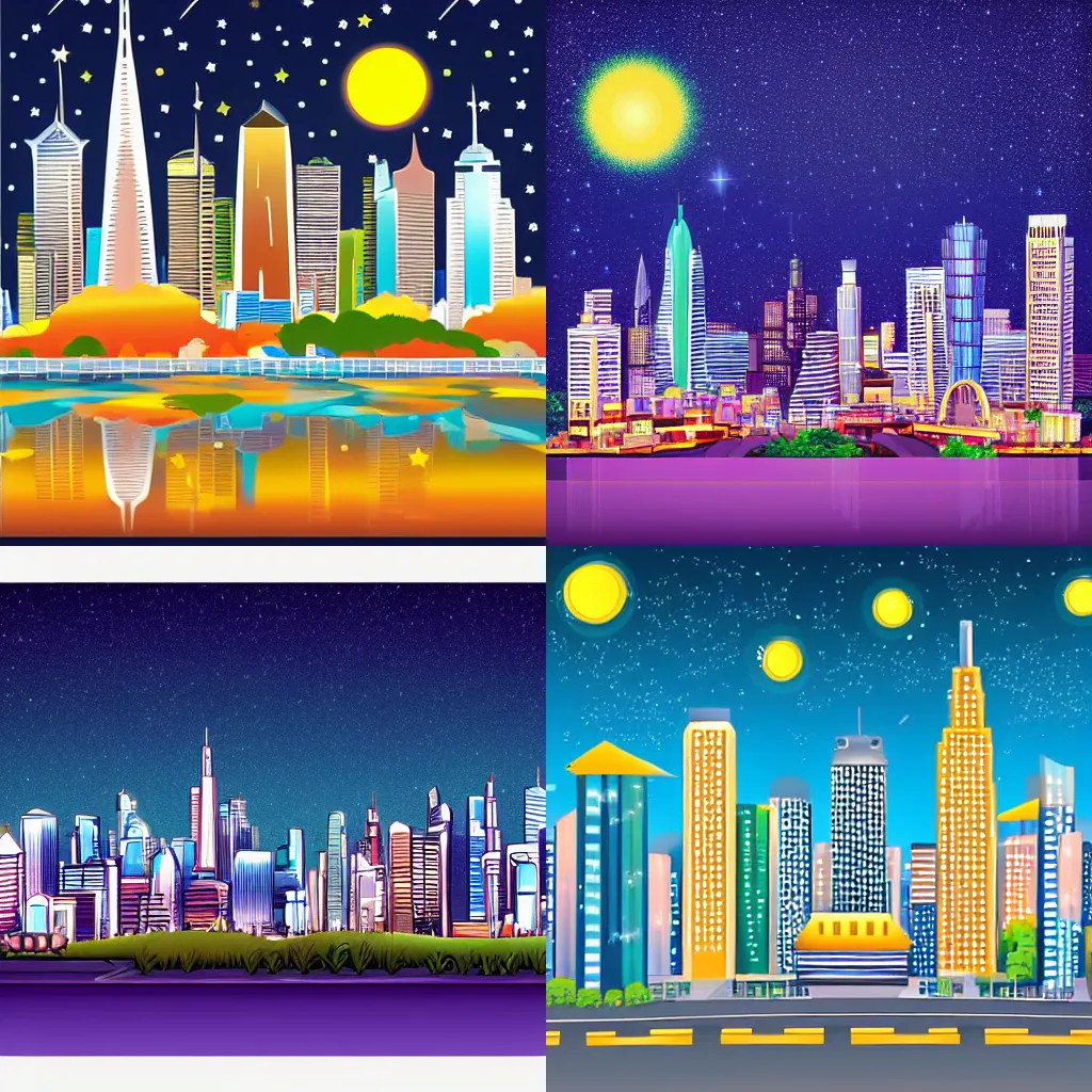 Prompt: Megapolis skyline under starry sky, 2D cartoon