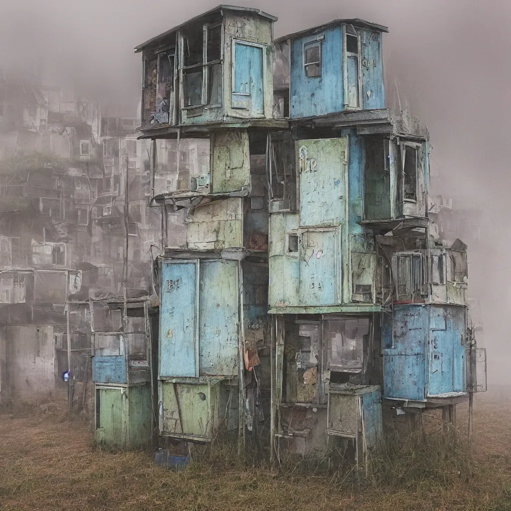 Image similar to two towers, made up of makeshift squatter shacks with pastel colours, misty, dystopia, mamiya rb 6 7, fully frontal view, very detailed, photographed by jeanette hagglund
